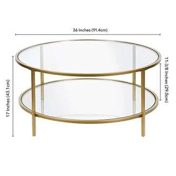 Henn&Hart 36" Wide Round Coffee Table with Glass Top in Brass, Round Coffee Table for living room, studio apartment essentials