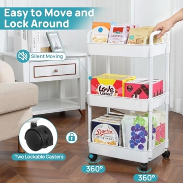Vtopmart 3 Tier Rolling Cart Lockable Wheels Storage Organizer
