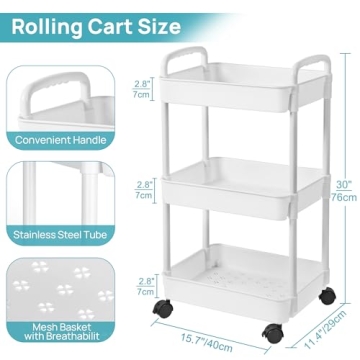Vtopmart 3 Tier Rolling Cart Lockable Wheels Storage Organizer