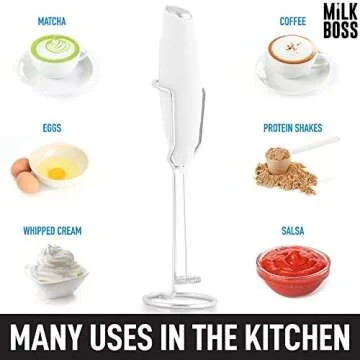 Milk Boss Matcha Whisk - Handheld Electric Stirrer - Matcha Frother Wand & Drink Mixer - Electric Whisk for Matcha Tea & Green Tea - Durable Stainless Steel Matcha Blender - White Ultra Stand