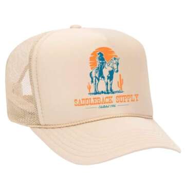 Saddleback Supply Foam Snapback Trucker Hat Cowboy & Trusty Steed Logo-Tan/c