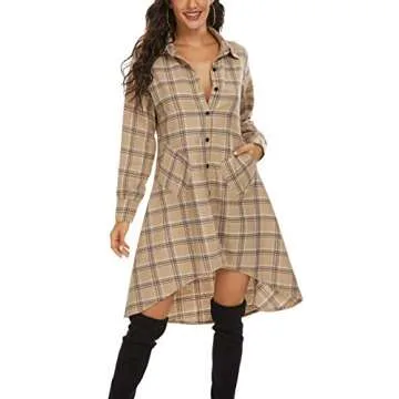 OLRAIN Womens Plaids V Neck Long Sleeve Irregular Hem Casual Shirt Dress