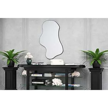 Wavy Mirror with Black Edged MDF,Irregular Mirror Asymmetrical Mirror Aesthetic Mirror Curvy Cloud Mirror (21,6x35inch)
