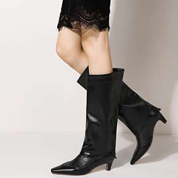 MOOMMO Vintage Kitten Heel Knee High Boots Black Wide Calf for Women Square Toe Pull On Leg Boots Crocodile Matte Leather Patchwork Cap Toe Dress Boots Fashion Wedding Party Office Black Size 6 M US