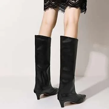 MOOMMO Vintage Kitten Heel Knee High Boots Black Wide Calf for Women Square Toe Pull On Leg Boots Crocodile Matte Leather Patchwork Cap Toe Dress Boots Fashion Wedding Party Office Black Size 6 M US