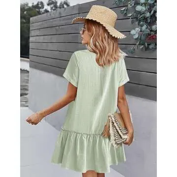 HOTOUCH Women Cotton Ruffle Dress Linen Travel Dresses Button Front Beach Vacation Dress Ruffle Hem Dress,Mint M