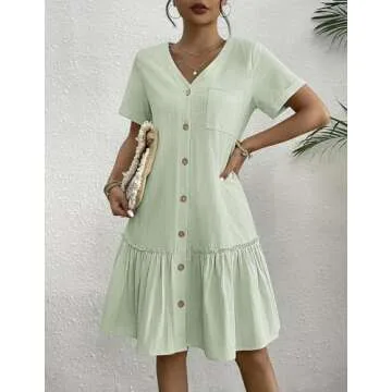 HOTOUCH Women Cotton Ruffle Dress Linen Travel Dresses Button Front Beach Vacation Dress Ruffle Hem Dress,Mint M