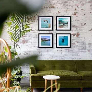 Egofine 11x11 Picture Frames 4 PCS, Made of Solid Wood Covered by Plexiglass for Pictures 4x4/8x8 with Mat for Table Top Display and Wall Mounting Square Photo Frame Black