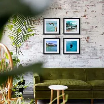 Egofine 11x11 Picture Frames 4 PCS, Made of Solid Wood Covered by Plexiglass for Pictures 4x4/8x8 with Mat for Table Top Display and Wall Mounting Square Photo Frame Black