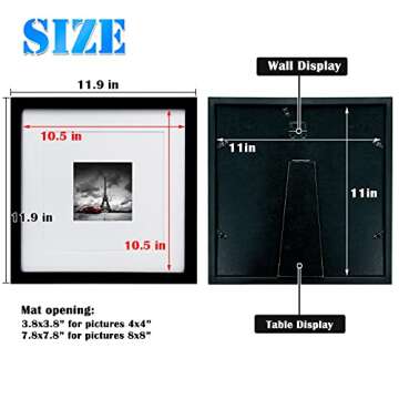 Egofine 11x11 Picture Frames 4 PCS, Made of Solid Wood Covered by Plexiglass for Pictures 4x4/8x8 with Mat for Table Top Display and Wall Mounting Square Photo Frame Black