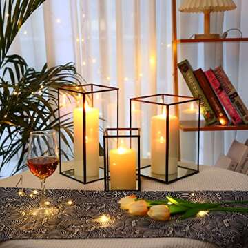 Phosphor Large Hurricane Candle Holder Set of 3 PCS, Black Glass Candle Holder for Wedding, Party, H...