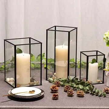Phosphor Large Hurricane Candle Holder Set of 3 PCS, Black Glass Candle Holder for Wedding, Party, Holiday.