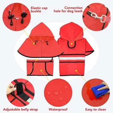 Reflective Dog Raincoats Hooded - Waterproof Lightweight Dog Raincoat Slicker Poncho, Adjustable Safety Dog Rain Coat Jacket for Small, Medium, Large Dogs (Medium, RED)