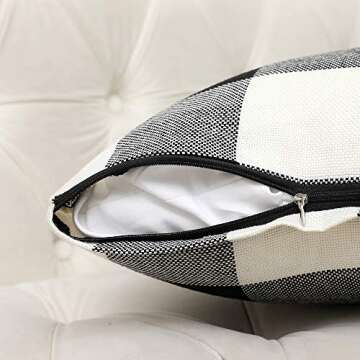 Vinvi Set of 2 Retro Cotton Linen Farmhouse Outdoor Decorative Buffalo Check Plaid Throw Pillow Covers 18x18 Inches for Fall Home Decor Black and White