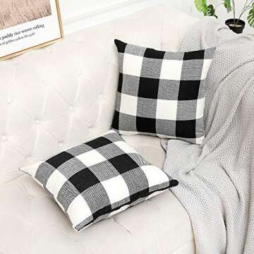 Vinvi Set of 2 Retro Cotton Linen Farmhouse Outdoor Decorative Buffalo Check Plaid Throw Pillow Covers 18x18 Inches for Fall Home Decor Black and White