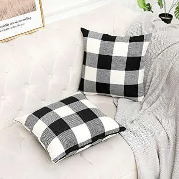 Vinvi Set of 2 Retro Cotton Linen Farmhouse Outdoor Decorative Buffalo Check Plaid Throw Pillow Covers 18x18 Inches for Fall Home Decor Black and White