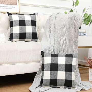 Vinvi Set of 2 Retro Cotton Linen Farmhouse Outdoor Decorative Buffalo Check Plaid Throw Pillow Covers 18x18 Inches for Fall Home Decor Black and White