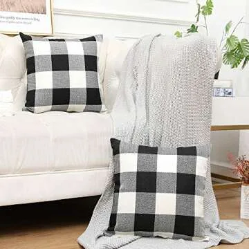 Vinvi Set of 2 Retro Cotton Linen Farmhouse Outdoor Decorative Buffalo Check Plaid Throw Pillow Covers 18x18 Inches for Fall Home Decor Black and White