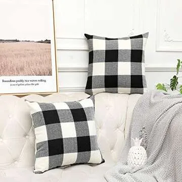 Vinvi Set of 2 Retro Cotton Linen Farmhouse Outdoor Decorative Buffalo Check Plaid Throw Pillow Covers 18x18 Inches for Fall Home Decor Black and White