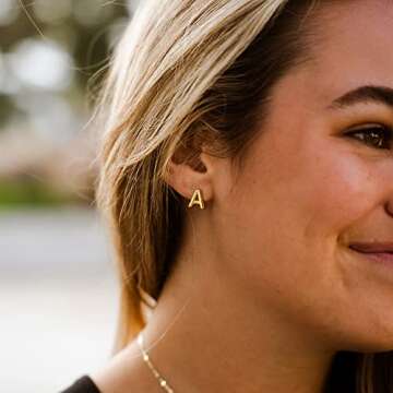 SANNYRA A Initial Stud Earrings for Women, 14K Gold Plated Hypoallergenic Letter Earring, Trendy Jew...