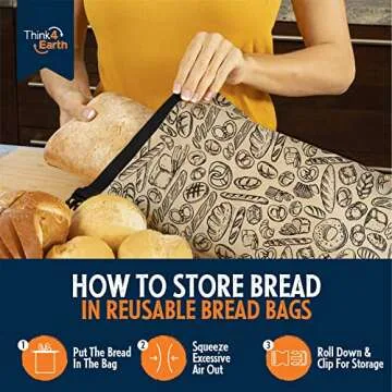 THINK4EARTH® - 2 Packs Bread Bags, Bread Bags for Homemade Bread Loaf, Freezer Bread Storage Bag, Bread Container, Reusable Food Storage Bag, Large Bread Bags for Homemade Bread with Double Lining.