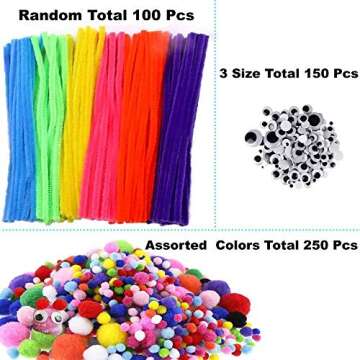 Pipe Cleaners Craft Set Meiso 500 Pcs Craft Supplies Including 100 Pcs Chenille Stems with 250 Pcs Pom Poms Craft and 150 Pcs Wiggle Googly Eyes Self Adhesive Assorted Colors Sizes for DIY Art Craft