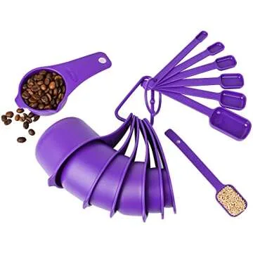 Kalsreui Plastic Measuring Cups and Spoons Set 15, 7 Dry&Liquid Measuring Cup Spoon Set, 7 Spice Long Handle Measuring Spoons with 1 Leveler for Kitchen and Baking, Metric Measure Cups & Spoons Purple