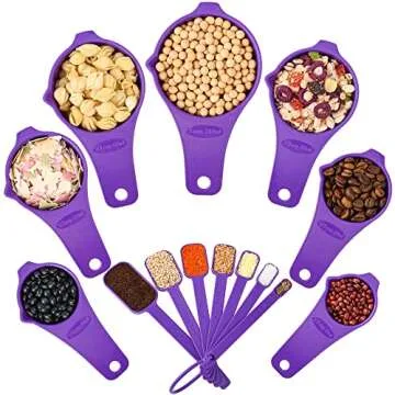 Kalsreui Plastic Measuring Cups and Spoons Set 15, 7 Dry&Liquid Measuring Cup Spoon Set, 7 Spice Long Handle Measuring Spoons with 1 Leveler for Kitchen and Baking, Metric Measure Cups & Spoons Purple