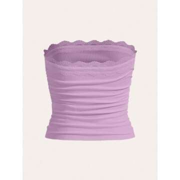 SOLY HUX Women's Lace Trim Ruched Bandeau Crop Tube Tops Bowknot Front Strapless Summer Tops Pure Li...