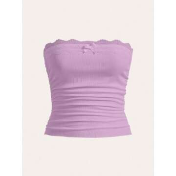 SOLY HUX Women's Lace Trim Ruched Bandeau Crop Tube Tops Bowknot Front Strapless Summer Tops Pure Lilac Purple XS