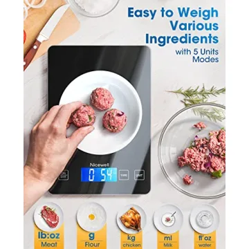 Nicewell Food Scale Digital Weight Grams and oz, 22lb Kitchen Scale for Cooking Baking, 1g/0.1oz Precise Graduation, Sleek Tempered Glass Platform (Black)