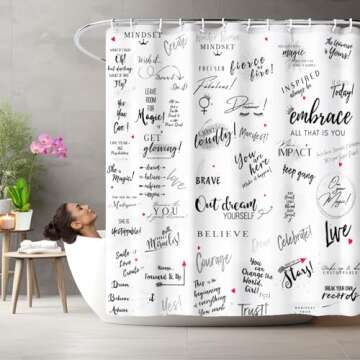 Girl Power 24/7 Be Unstoppable! Cute Shower Curtain with Inspirational Quotes - Motivational Bathroom Decor, Easy Care, Reinforced Buttonholes, for Showers, Stalls & Bathtubs 71" W x 74" H