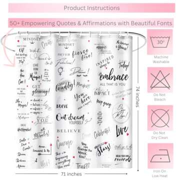 Girl Power 24/7 Be Unstoppable! Cute Shower Curtain with Inspirational Quotes - Motivational Bathroom Decor, Easy Care, Reinforced Buttonholes, for Showers, Stalls & Bathtubs 71" W x 74" H