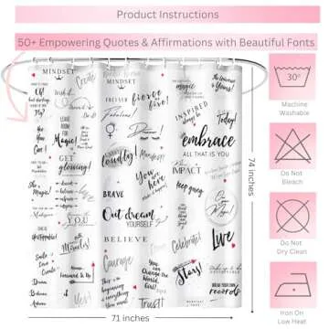 Girl Power 24/7 Be Unstoppable! Cute Shower Curtain with Inspirational Quotes - Motivational Bathroom Decor, Easy Care, Reinforced Buttonholes, for Showers, Stalls & Bathtubs 71" W x 74" H