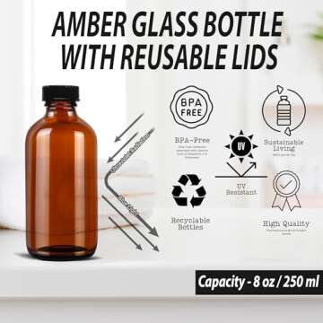 (2 Pack) 8 oz Amber Glass Boston Round Bottles with Black Airtight Caps