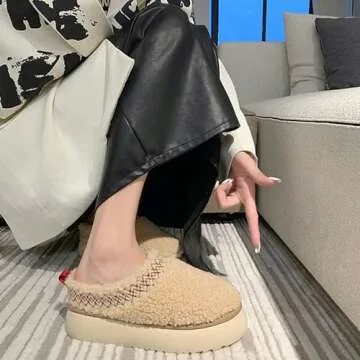 Winter Fuzzy Slippers for Women Platform Snow Boots Thickened Flat Boots Fur Lined Warm Durable Shoes Home Slippers Anti-Slip Boot for Outdoor - 38