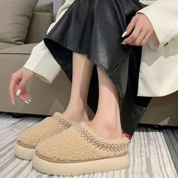 Winter Fuzzy Slippers for Women Platform Snow Boots Thickened Flat Boots Fur Lined Warm Durable Shoes Home Slippers Anti-Slip Boot for Outdoor - 38