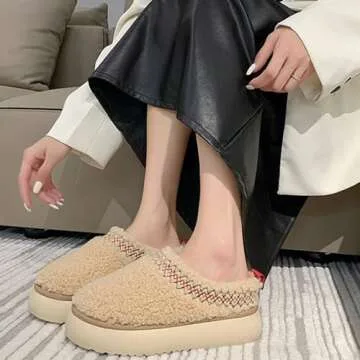 Winter Fuzzy Slippers for Women Platform Snow Boots Thickened Flat Boots Fur Lined Warm Durable Shoes Home Slippers Anti-Slip Boot for Outdoor - 38