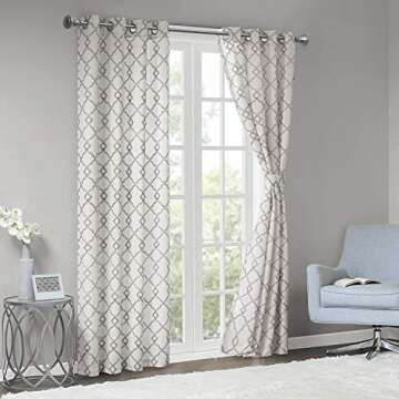 Comfort Spaces Bridget Faux Linen Fretwork Window Curtain Embroidery Design Grommet Top Panel Pair with Tie Backs, 50 in x 84 in, Grey