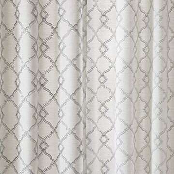 Comfort Spaces Bridget Faux Linen Fretwork Window Curtain Embroidery Design Grommet Top Panel Pair with Tie Backs, 50 in x 84 in, Grey