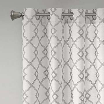 Comfort Spaces Bridget Faux Linen Fretwork Window Curtain Embroidery Design Grommet Top Panel Pair with Tie Backs, 50 in x 84 in, Grey