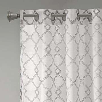 Comfort Spaces Bridget Faux Linen Fretwork Window Curtain Embroidery Design Grommet Top Panel Pair with Tie Backs, 50 in x 84 in, Grey