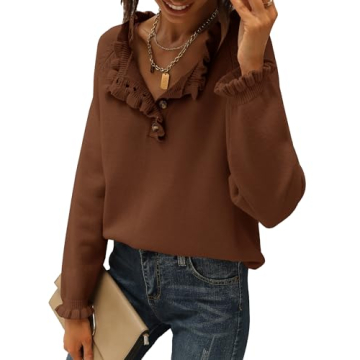 BTFBM 2024 Womens Sweaters Fall Winter Outfits Long Sleeve Button Down Ruffle Crew Neck Casual Knitt...