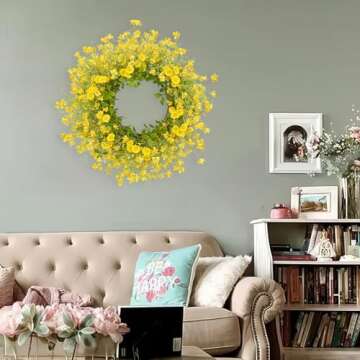 Yawwind Artificial Spring Wreath 22 Inch Summer Door Wreath Spring Floral Wreaths for Front Door Outdoor Indoor (Yellow)