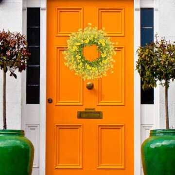 Yawwind Artificial Spring Wreath 22 Inch Summer Door Wreath Spring Floral Wreaths for Front Door Outdoor Indoor (Yellow)