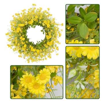 Yawwind Artificial Spring Wreath 22 Inch Summer Door Wreath Spring Floral Wreaths for Front Door Outdoor Indoor (Yellow)