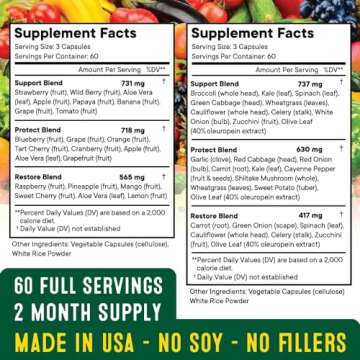 Superfood Fruit and Veggie Supplement - 360 Whole Super Fruit and Vegetable Supplements & Vitamin, Natural Energy Levels, with Olive Leaf Soy Free- 180 Count (Pack of 2)