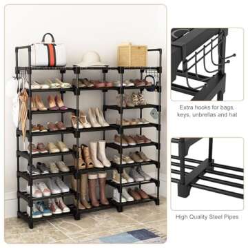 VTRIN Shoe Rack Shoe Organizer 8 Tiers Shoe Rack for Entryway Holds 46-50 Pairs Shoe and Boots Shelf Storage Organizer Durable Metal with Versatile Hooks Wooden Hammer for Bedroom Black