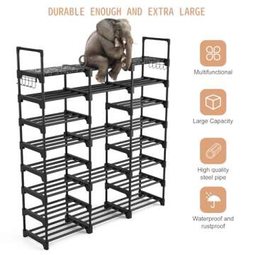 VTRIN Shoe Rack Shoe Organizer 8 Tiers Shoe Rack for Entryway Holds 46-50 Pairs Shoe and Boots Shelf Storage Organizer Durable Metal with Versatile Hooks Wooden Hammer for Bedroom Black