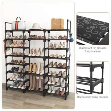 VTRIN Shoe Rack Shoe Organizer 8 Tiers Shoe Rack for Entryway Holds 46-50 Pairs Shoe and Boots Shelf Storage Organizer Durable Metal with Versatile Hooks Wooden Hammer for Bedroom Black